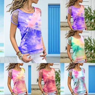 Buy Chic Womens Summer Tie-dye Printed Tops Lightweight Casual Short Sleeve Blouse • 12£