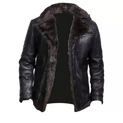 Buy Clearance SALE MEN'S AVIATOR REAL LEATHER JACKET SHEEP BLACK FUR BUTTON-UP SHIRT • 45£