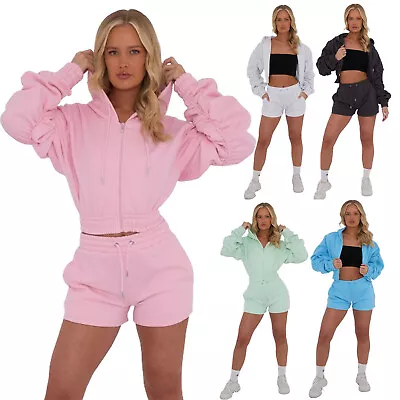 Buy UK Hot Sell Ruched Sleeve 2PCS Tracksuits Womens Casual Hoodie Shorts Pants 6-14 • 19.99£