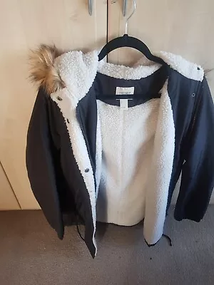 Buy Ladies Forever 21 Grey Jacket With Cream Faux Fur Lining. Size Small. VGC. • 9.99£