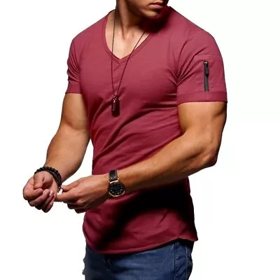 Buy Men's Short Sleeve V Neck T Shirt Casual Slim Fit Solid Muscle Tee Tops Zipper T • 9.79£