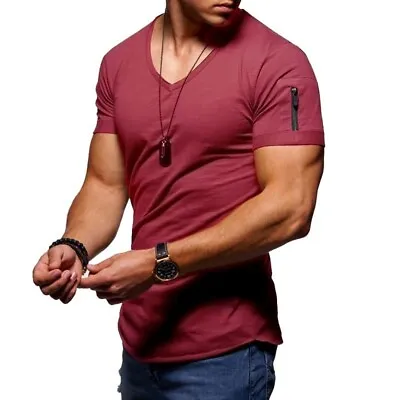 Buy Mens Short Sleeve V Neck T Shirt Casual Slim Fit Zipper Muscle Tee Sport Tops • 9.99£