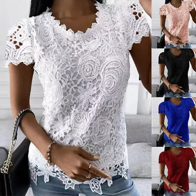Buy Womens Lace Floral Short Sleeve Tops Ladies Summer Casual Blouse Shirt Plus Size • 2.97£