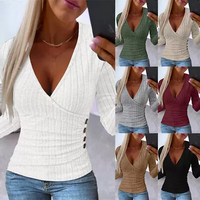 Buy Womens Sexy V Neck Wrap Ribbed Tops Ladies Long Sleeve Party Slim Fit T Shirt UK • 11.39£