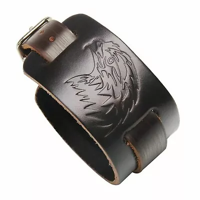 Buy Mens Viking Vintage Brown/Black Wide Leather Wolf/Raven/Eagle/Animal Bracelet • 9.95£
