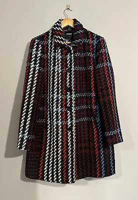 Buy Desigual Red Black Wool Tweed Boucle Houndstooth Zig Zag Coat Jacket 44 UK 18 • 44£