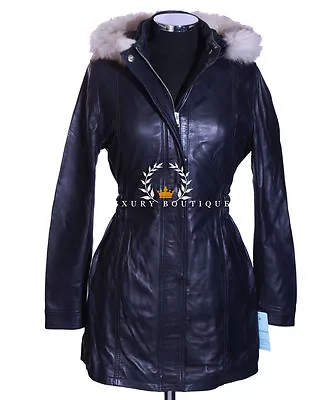 Buy Juliet Blue Ladies Casual Fur Hooded Lambskin Leather Jacket Trench Coat • 119.99£