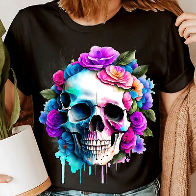 Buy Colorful Flower Skull Slogan Rocker Biker Skeleton Womens T-Shirts Tee Top #NED • 3.99£