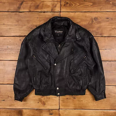 Buy Vintage Wilson Leather Jacket L 90s Biker Black Zip Snap • 44.99£