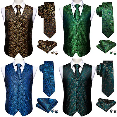 Buy S-4XL Mens Vest Tie And Pocket Square Cufflinks Set Silk Waistcoat Jacket Coats • 13.99£