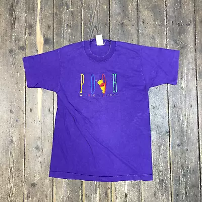 Buy Winnie The Pooh T Shirt Mens Disney Spellout Y2K Embroidered Tee Purple Medium • 25£