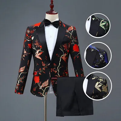Buy Mens Flower Embroidered Suit Jacket Pants Set Peak Lapel Blazer Slim Fit Casual • 67.63£