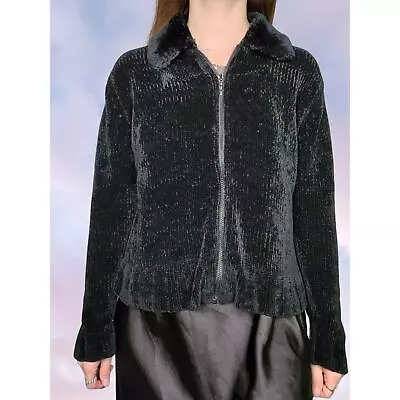 Buy 90s Y2k Black Fuzzy Soft Faux Fur Collar Knit Zip Up  Whimsi Goth Sweater Sz L • 28.35£