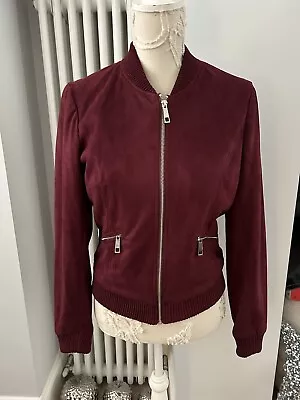 Buy River Island Burgundy Faux Suede Thin Bomber Jacket Size 10 • 20£
