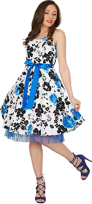 Buy White Blue Rose Vintage 50's White Floral Swing Rockabilly Prom Dress UK Size 8 • 14.99£