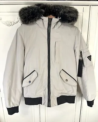 Buy GUESS Men’s Autumn Winter Jacket Hooded Faux Fur Rim Stone Beige Pockets XS • 40£