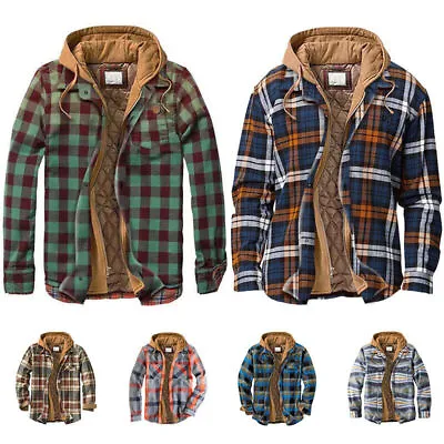 Buy Men Lumberjack Sherpa Fleece Lined Hoodie Plaid Work Jacket Hooded Flannel Shirt • 35.99£