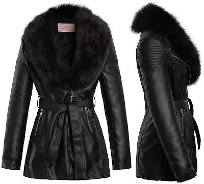 Buy Womens Faux Leather Biker Coat Black Faux Fur Quilted Jacket Size 10 12 14 8 • 49.95£