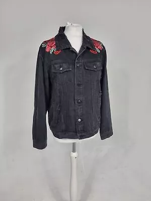 Buy Ci Sono Black Distressed Denim Oversized Jacket Embroidered Roses Size S • 10.12£
