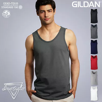 Buy Mens Plain Tank Top Vest Cotton Summer Gildan Sleeveless Shirt Sports Gym Work • 6.75£