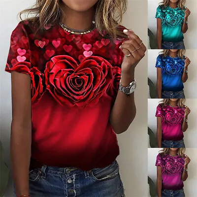 Buy Womens Summer Crew Neck Tops Ladies Holiday Beach Boho Floral Blouse T Shirt Tee • 6.99£