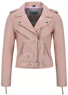 Buy Ladie's Real Leather Jacket Baby Pink Napa Slim Fit Biker Motorcycle Style MBF • 109.77£