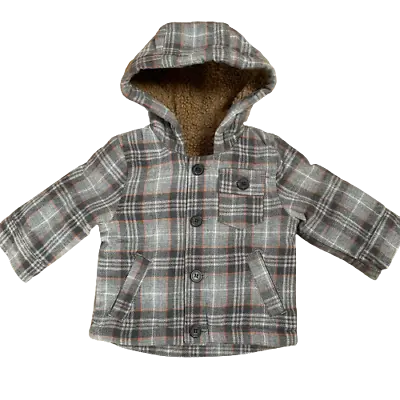 Buy Boys Grey Check Coat Nutmeg Hooded Fleece Jacket Baby Age 0 - 3 Years • 9.95£