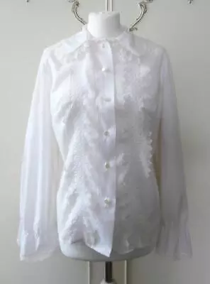 Buy Vintage 1960's White Poly-Cotton & Lace Blouse W/ Peter Pan Collar UK Size 12 • 19.99£