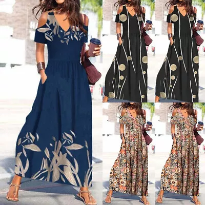 Buy Womens Boho Long Maxi Dress Cold Shoulder Holiday Beach Summer Kaftan Sundress • 3.69£