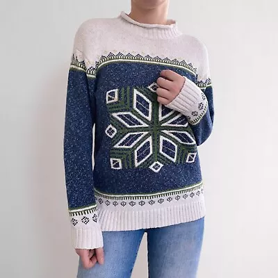 Buy Vintage Wool Cotton Blend Sweater Size S Winter Snowflake Holidays Mock Neck • 28.30£