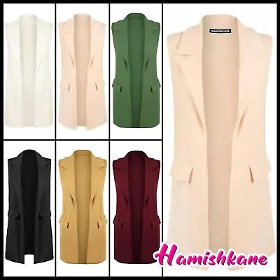 Buy Womens Plain Sleeveless Waistcoat Ladies Open Crepe Jacket Casual Blazer Coat • 13.18£