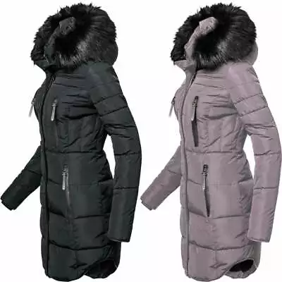 Buy Womens Designer Fur Hooded Long Jacket Fleece Quilted Winter Padded Coat Pockets • 54.99£