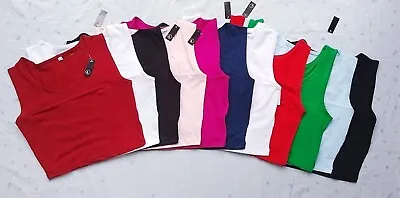 Buy New Women's Stretchy Crop Tops Ladies Plain Blouse Sleeveless Vest T-Shirt Racer • 3.99£