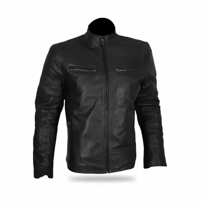 Buy Men's MOTORCYCLE Quilted REAL Leather Black Slim Fit Biker Jacket • 39£
