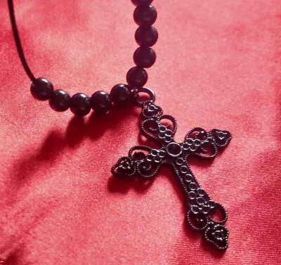 Buy Gothic Cross Necklace Black Vintage Design 60cm Rope Chain NEW • 4.75£