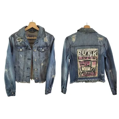 Buy Bethany Mota Short Denim Jacket Frayed Distressed Punk Lives Graphic Coat Sz XS • 12.97£