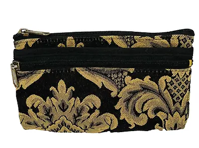 Buy IPS Bag Women Small Black & Tan Damask Fabric Double Zip 3 Compartment Pouch • 8.50£