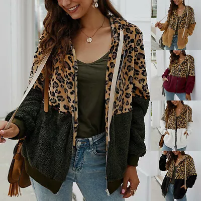 Buy Bear Women Hooded Jackets Autumn Leopard Print Fleece Zipper Outwear Winter Coat • 16.08£