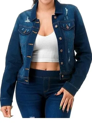 Buy JVINI Women Denim Jr Jacket Distressed Ripped Button Long Slvs Choose Size Blue  • 20.24£