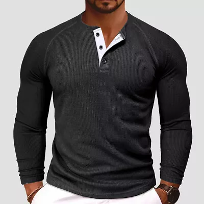 Buy Mens Long Sleeve Ribbed Waffle Henley Shirts Casual Button Pullover Tops Blouse • 14.69£