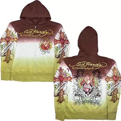 Buy Ed Hardy Y2K Gothic Cross  Ombre Earth Tone Grunge Zip-Up Hoodie, Size Large • 70£