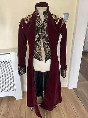 Buy Devil Fashion Long Gothic Coat Jacket Red Velvet Steampunk Victorian Small Men’s • 49.99£