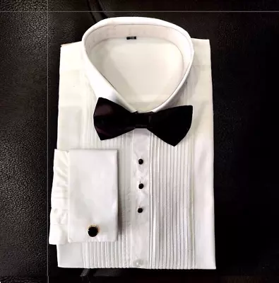 Buy New Yathochit Men's Premium Tuxedo Dress Shirt Laydown Collar Bow-Tie White • 32£