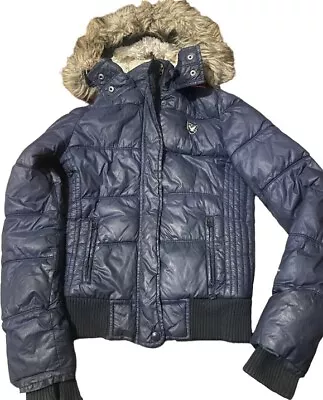 Buy American Eagle Puffer Faux Fur Hooded Winter Zip Jacket Navy Blue Size XS • 27.46£