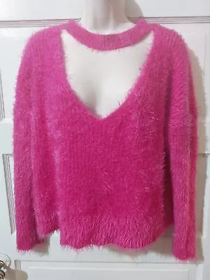 Buy Missguided Pink Fuzzy Sweater 4 Long Sleeve V-Neck Choker Oversize • 10.69£