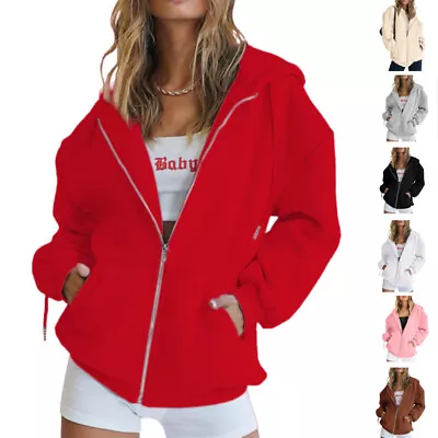 Buy Womens Hoodies Solid Sweatshirt Ladies Loose Long Sleeve Zip Up  Pullover Tops ☆ • 17.04£