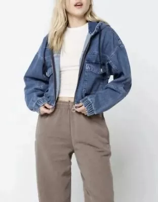 Buy Ladies Denin Jacket Urban Outfitters Hooded Patch Pocket Utility Cropped Ful Zip • 19.99£