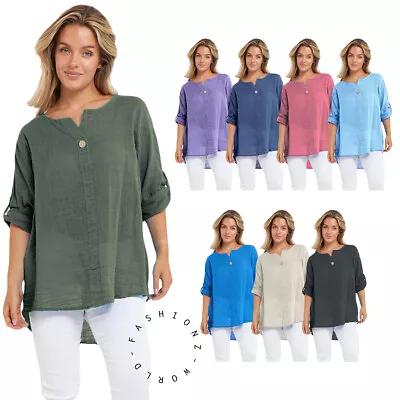 Buy Ladies Italian Turn Up Sleeve T-Shirt Women Cotton One Button Front Top UK 8-26 • 13.99£