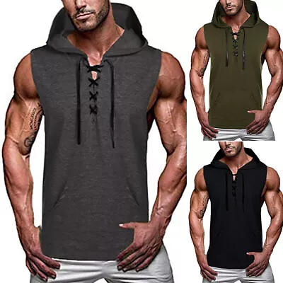 Buy Men‘s Gym Workout Sleeveless Hoodies Vest Sports Muscle Hooded T-Shirt Tank Tops • 11.03£