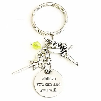 Buy Peter Pan Tinker Bell Inspired Silver Keychain Believe You Can & You Will Gift • 15.03£